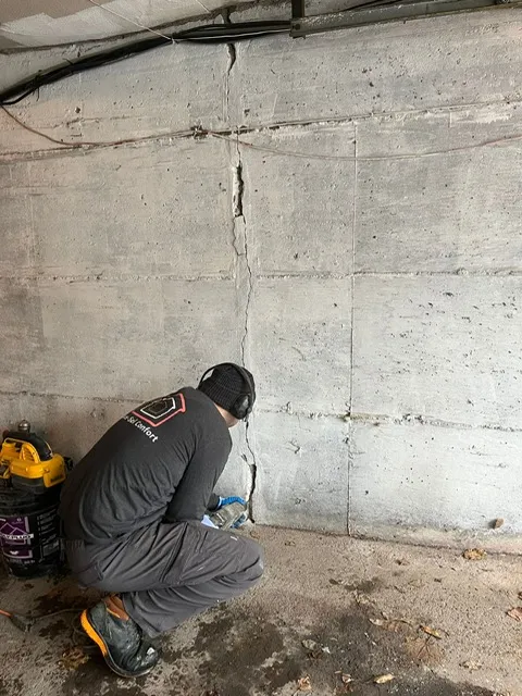 Interior Foundation Crack Repair and Strengthening in Saint-Laurent, QC. Before